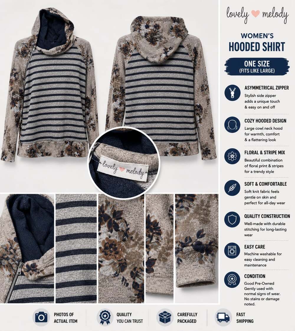 Lovely Melody Women's Floral and Stripe Print Asymmetrical Zipper Cowl Neck Hood